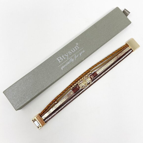 BTYSUN | Brown Leather Gold Tone Beaded Wrap Bracelet Magnetic Closure - Picture 2 of 13